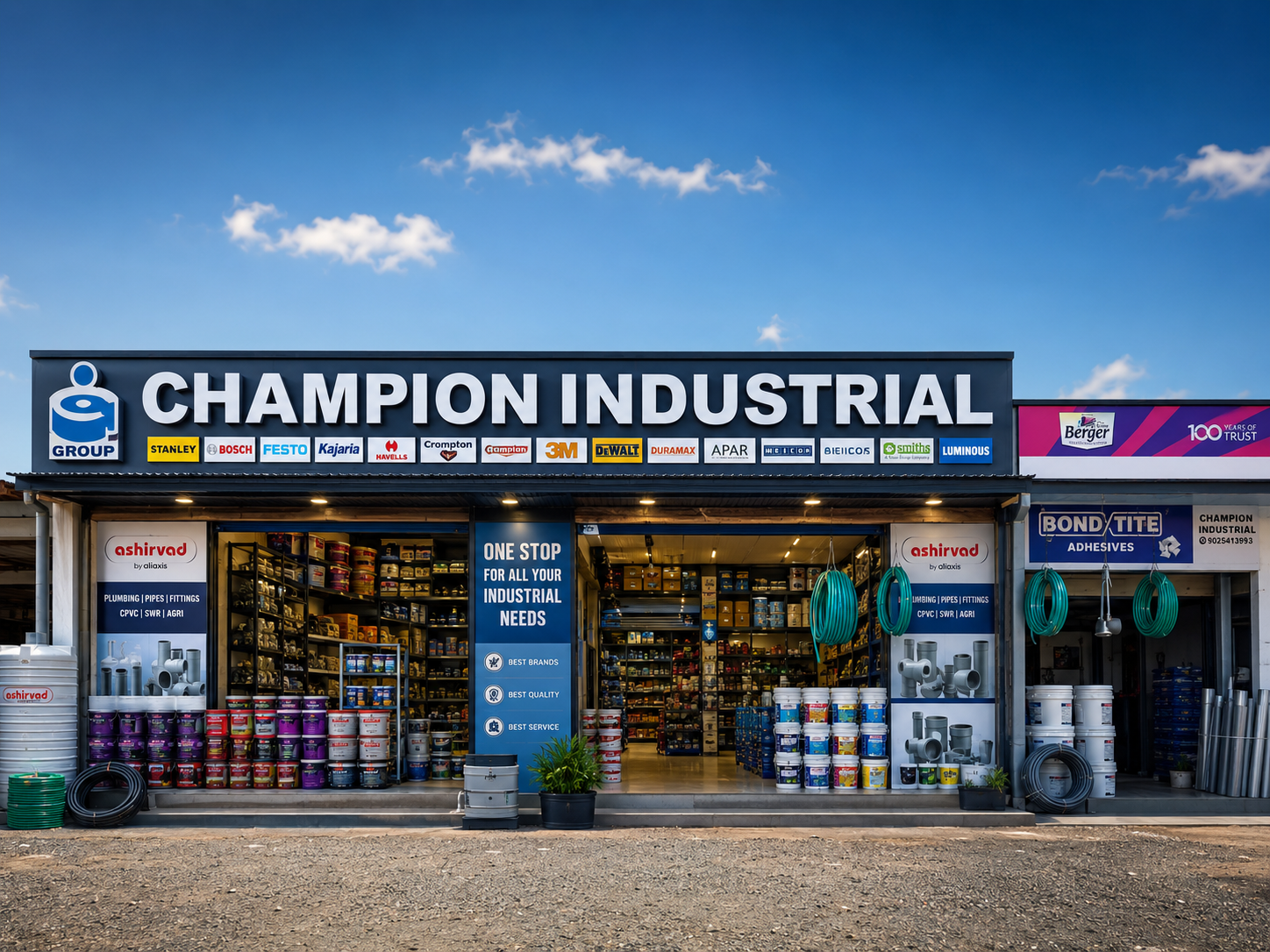 Wide Champion Industrial storefront view with a blue roofline and full industrial product display